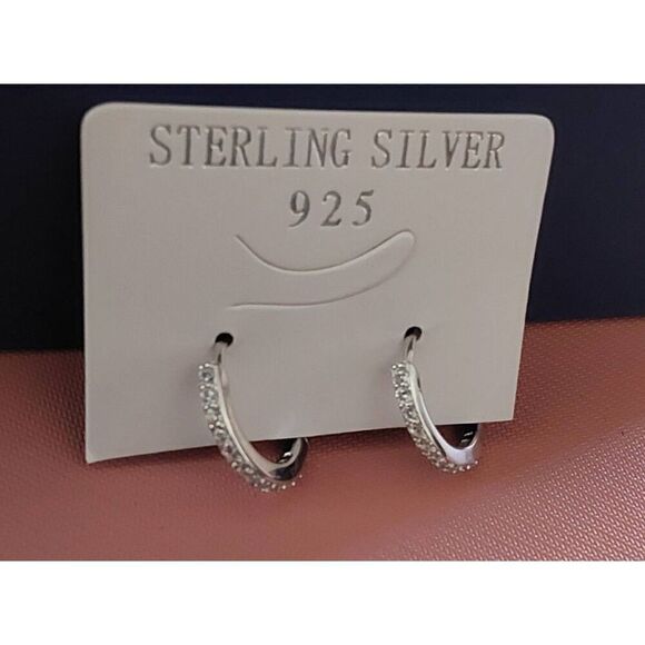 New~Sterling Silver Channel Set Sim Diamond Channel Set Huggie Hoop Earrings - Picture 3 of 5